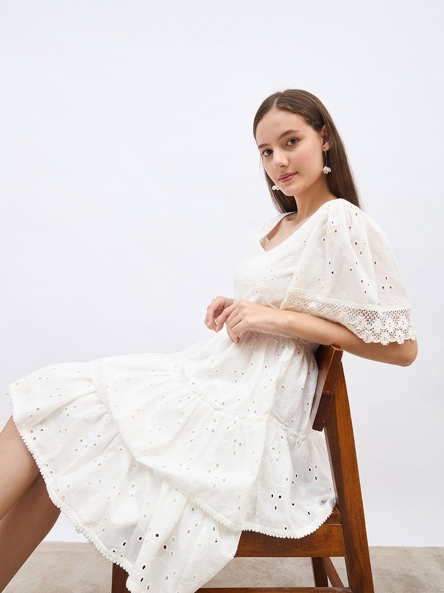Schiffli Trim Layered Knee-Length Dress