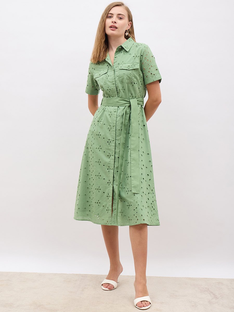 Schiffli Short Sleeve Shirt Midi Dress with Belt Detail