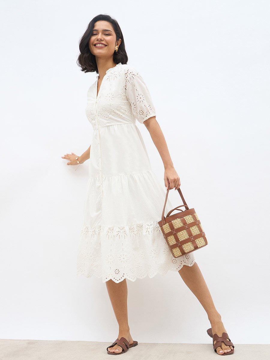 Women White Schiffli Puff Sleeves Tiered Midi Dress
