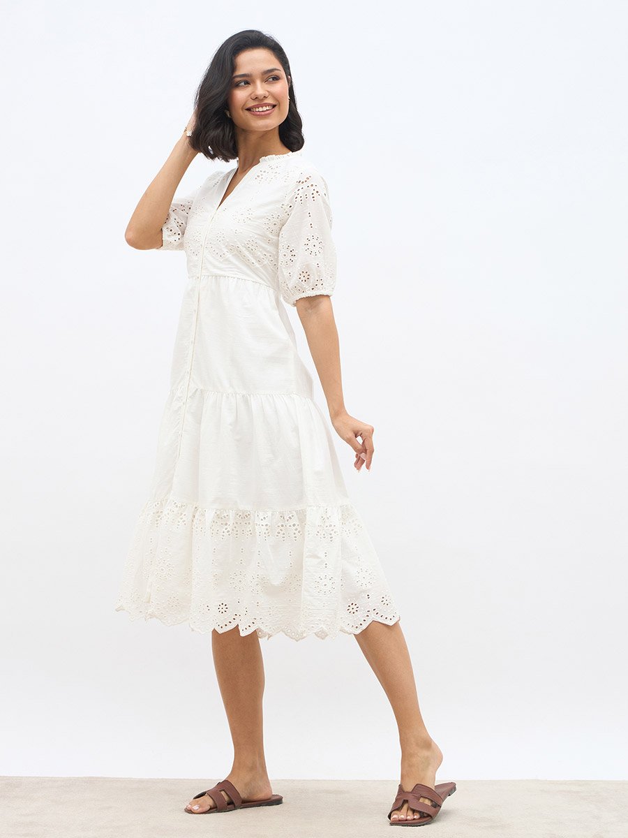 Women White Schiffli Puff Sleeves Tiered Midi Dress