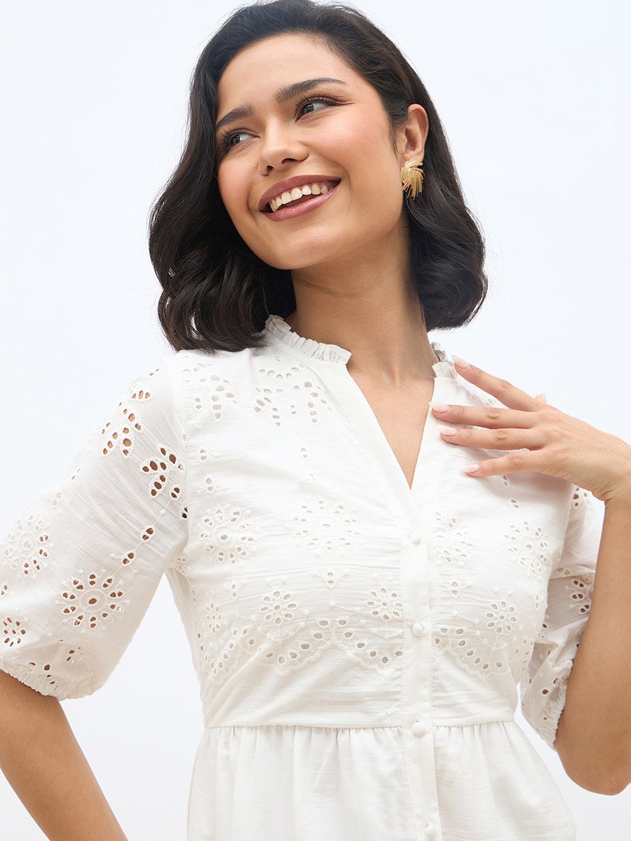 Women White Schiffli Puff Sleeves Tiered Midi Dress