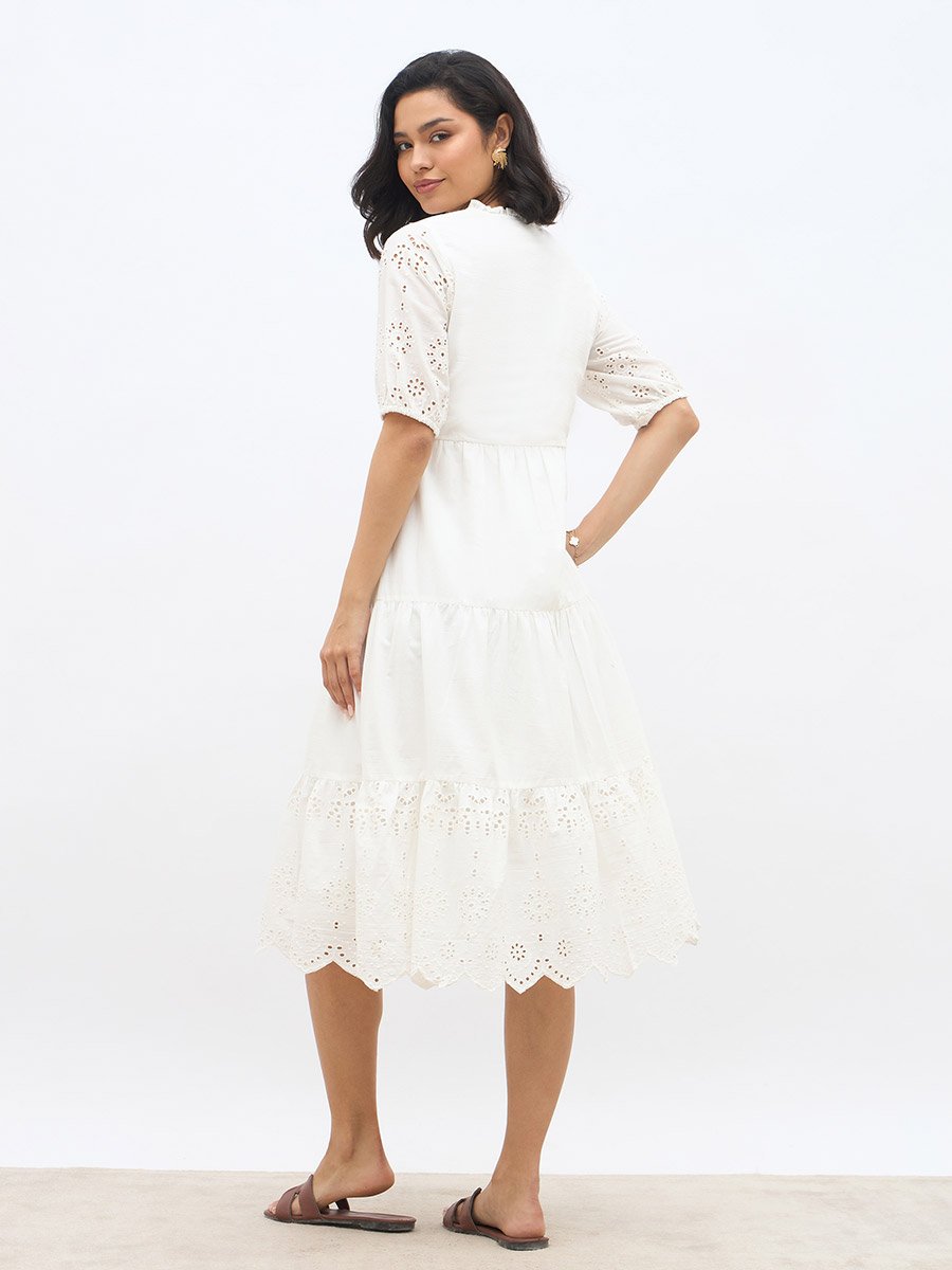 Women White Schiffli Puff Sleeves Tiered Midi Dress
