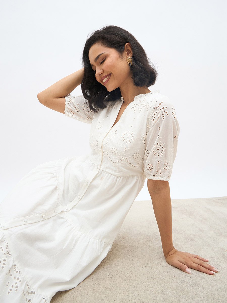 Women White Schiffli Puff Sleeves Tiered Midi Dress