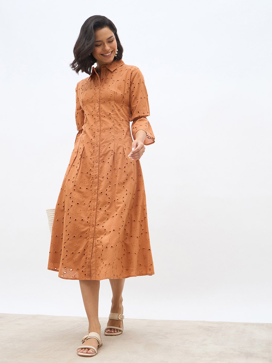 Schiffli 3/4 Sleeve Shirt Midi Dress