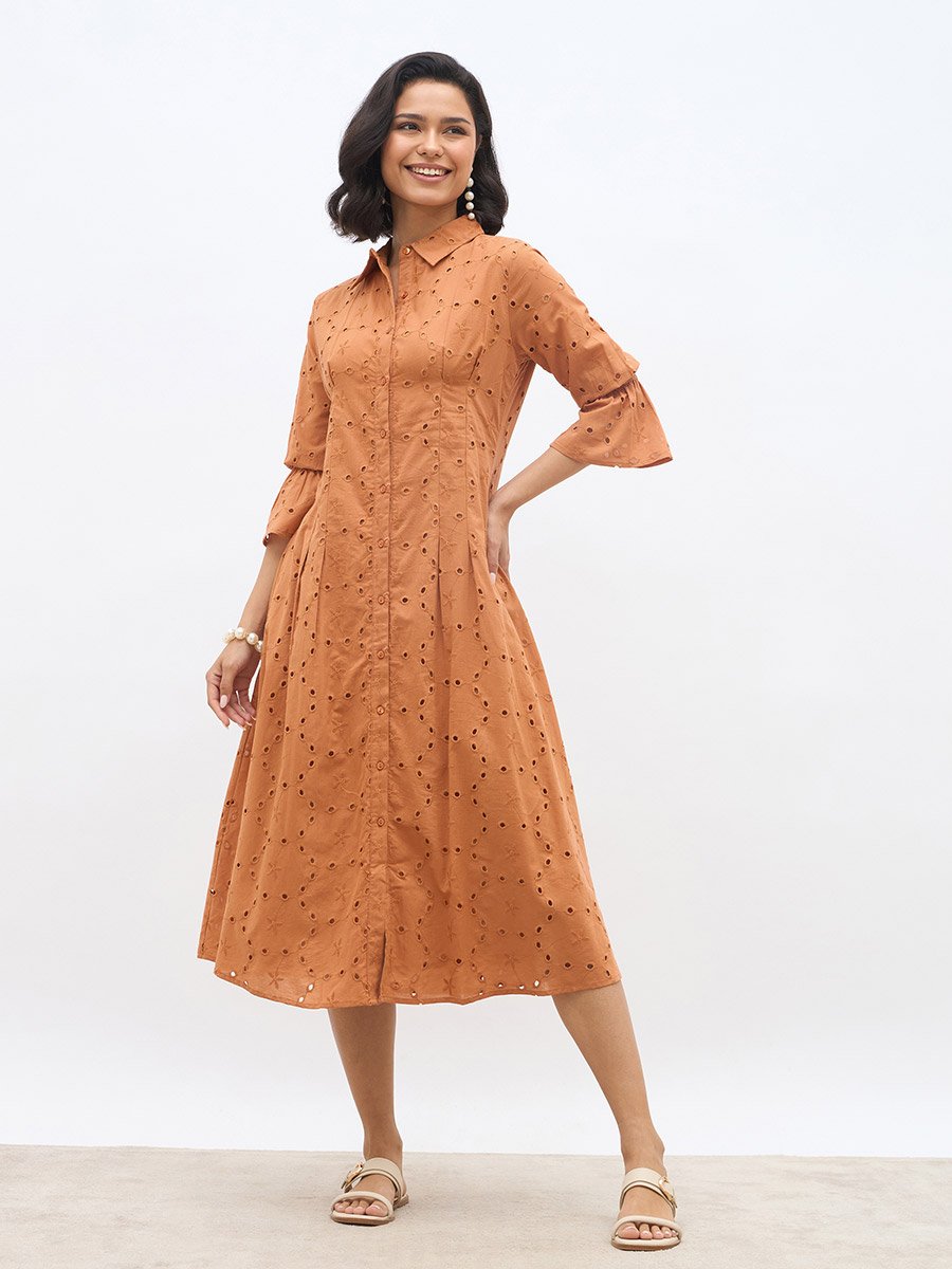 Schiffli 3/4 Sleeve Shirt Midi Dress