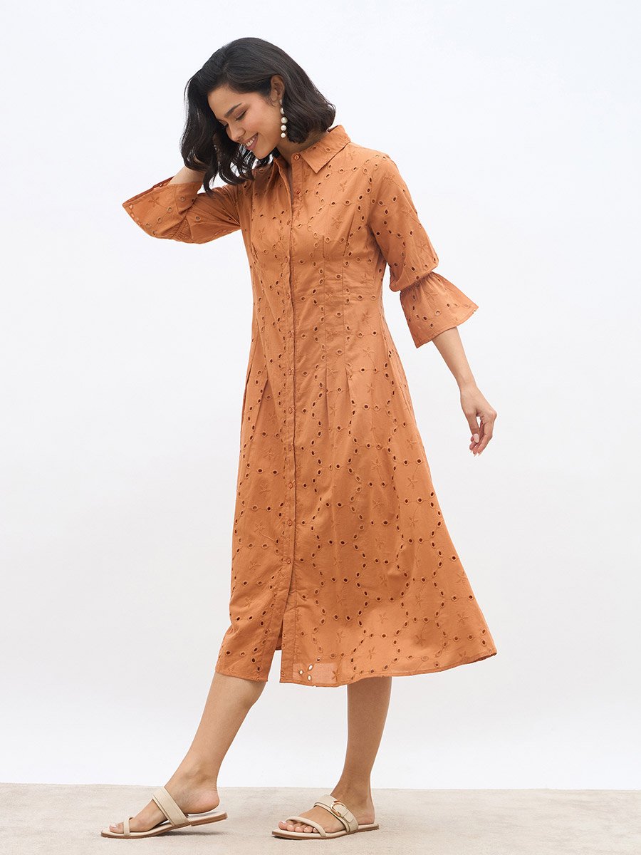 Schiffli 3/4 Sleeve Shirt Midi Dress