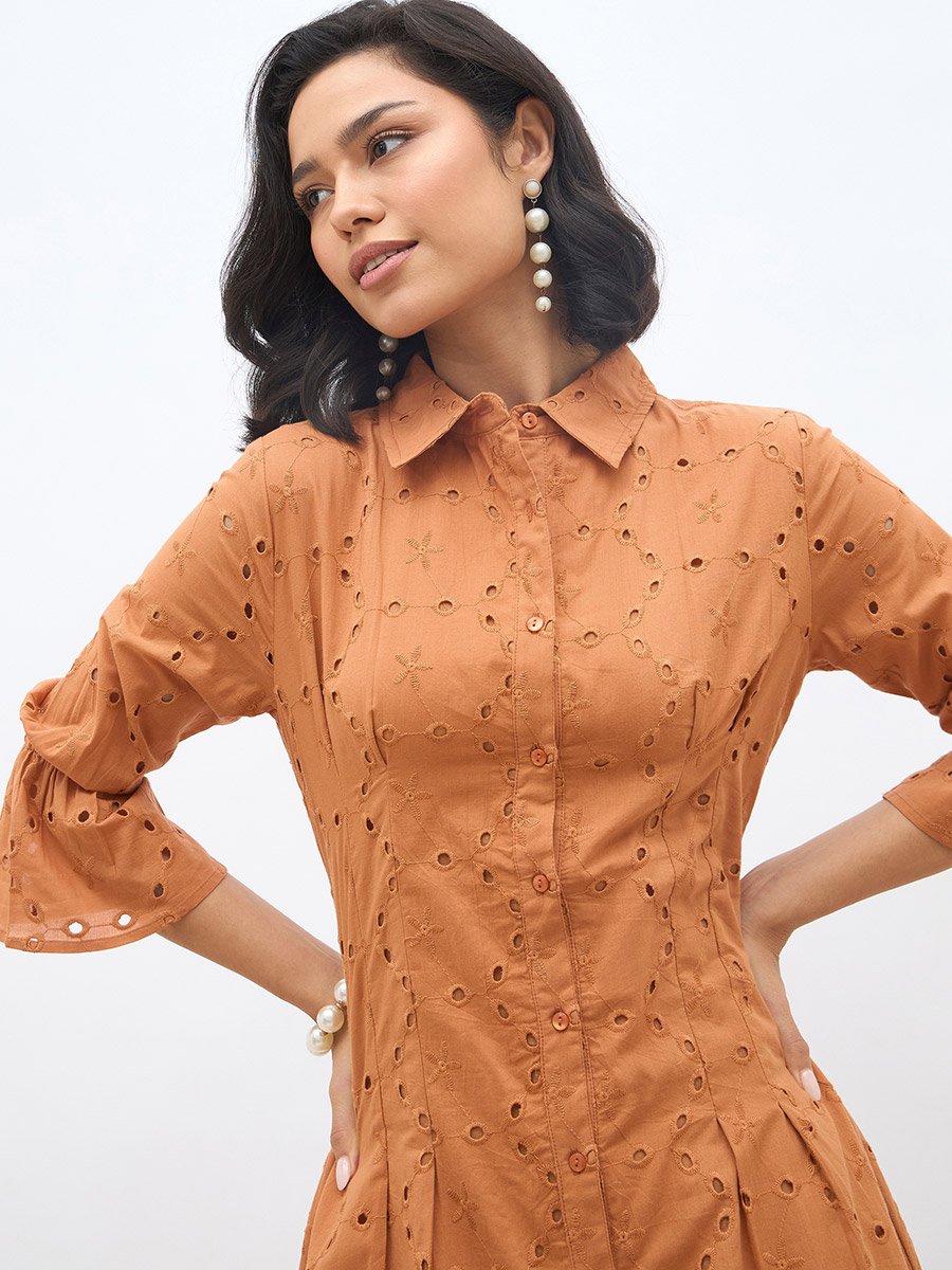 Schiffli 3/4 Sleeve Shirt Midi Dress