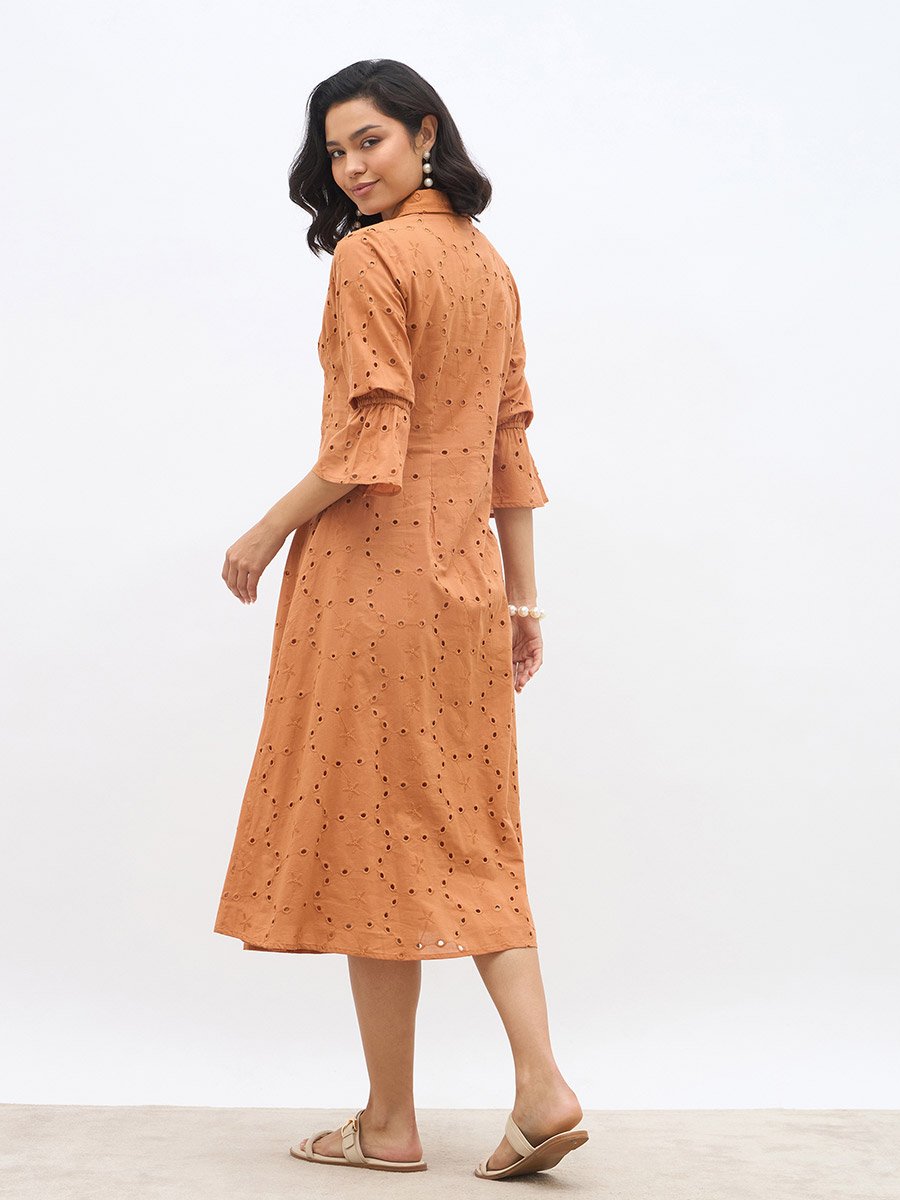 Schiffli 3/4 Sleeve Shirt Midi Dress