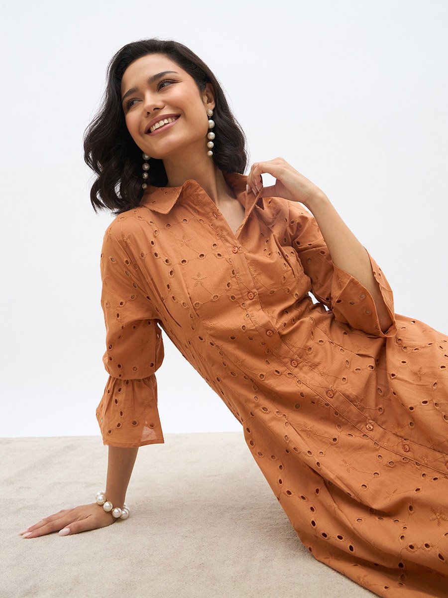 Schiffli 3/4 Sleeve Shirt Midi Dress