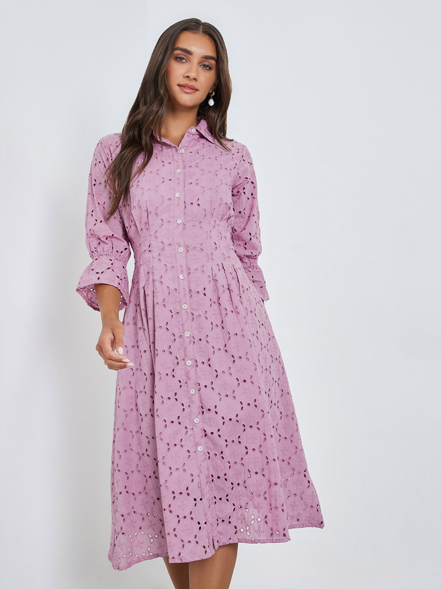 Schiffli 3/4 Sleeve Shirt Midi Dress