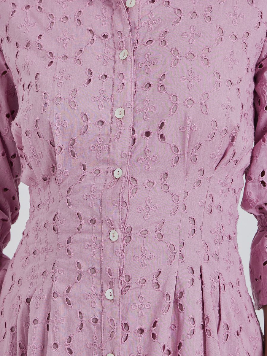 Schiffli 3/4 Sleeve Shirt Midi Dress