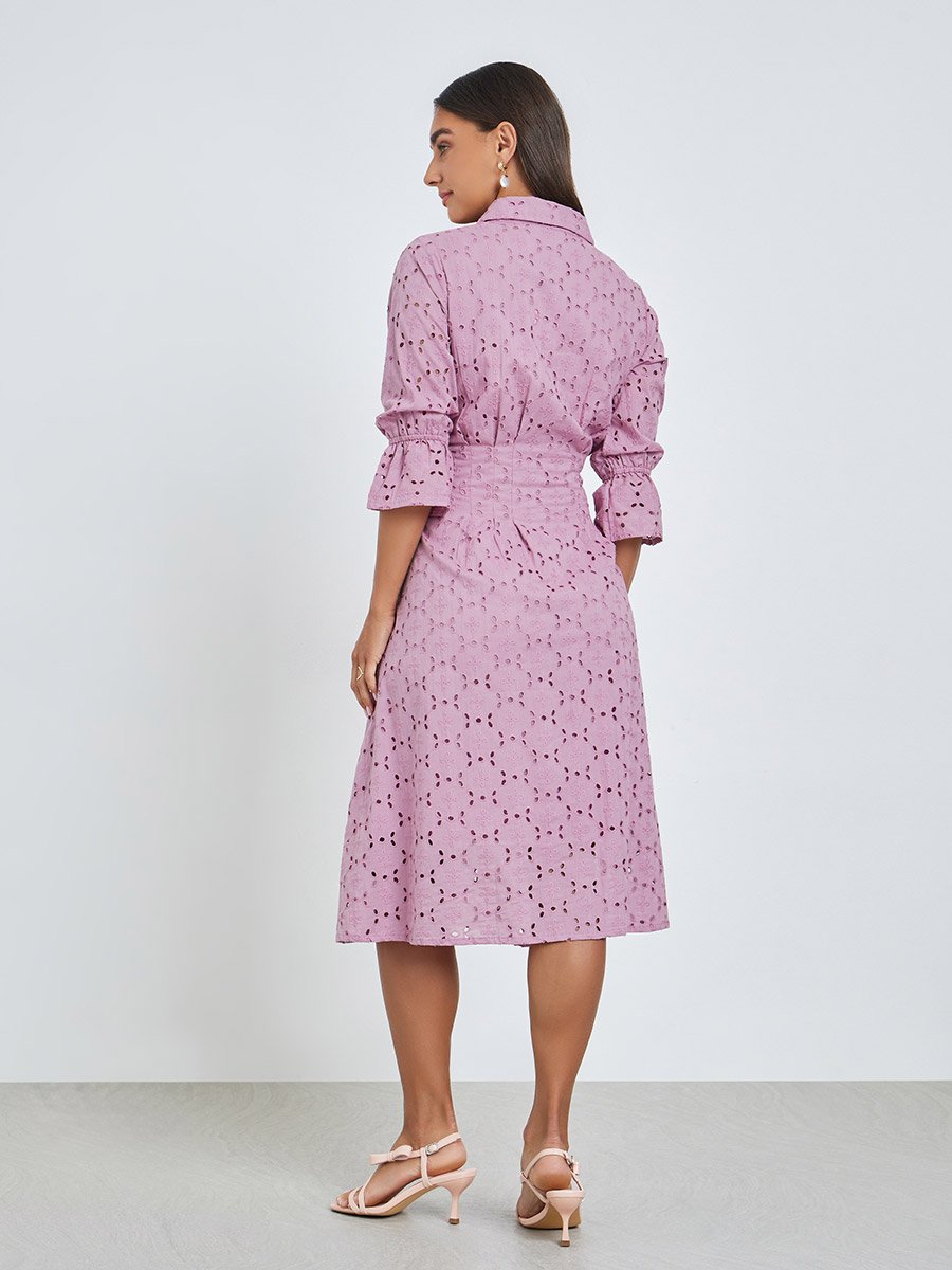 Schiffli 3/4 Sleeve Shirt Midi Dress