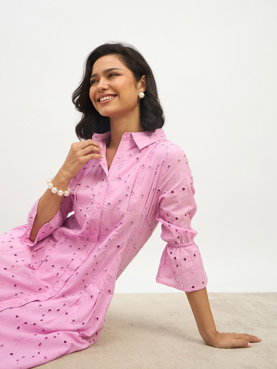 Schiffli 3/4 Sleeve Shirt Midi Dress