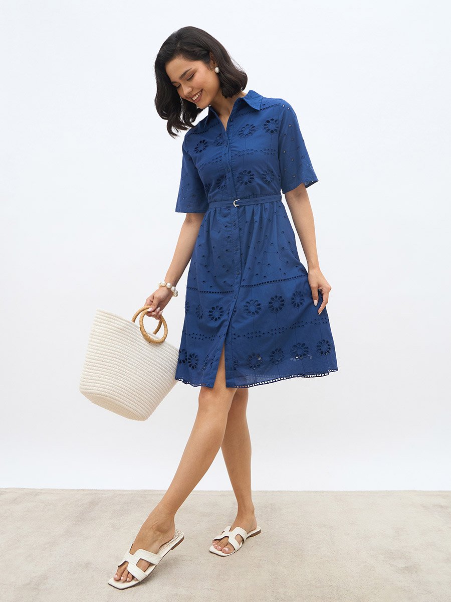 Blue Schiffli Shirt Collar Mini Dress