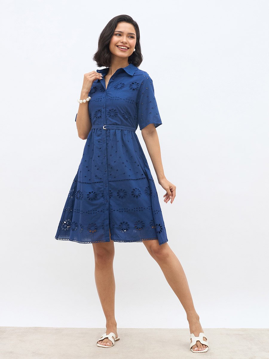 Blue Schiffli Shirt Collar Mini Dress