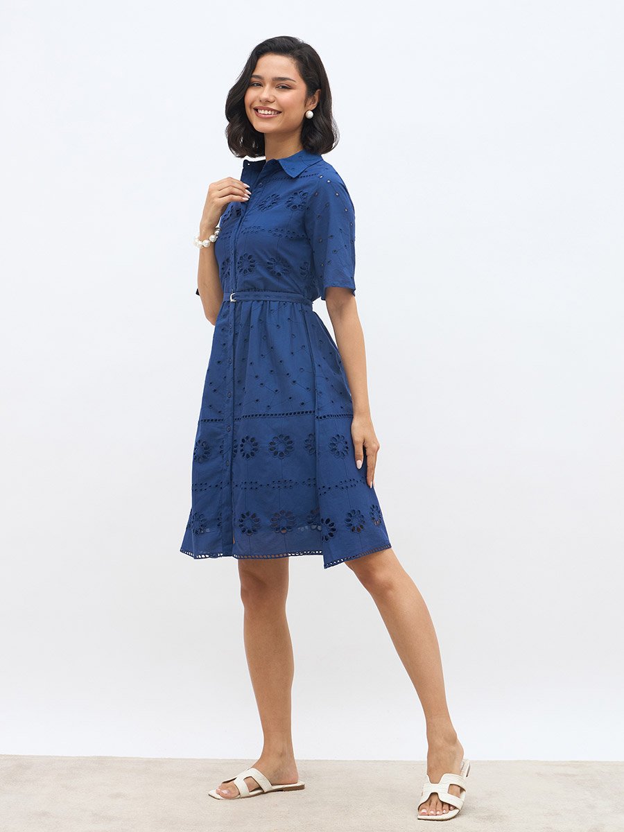 Blue Schiffli Shirt Collar Mini Dress