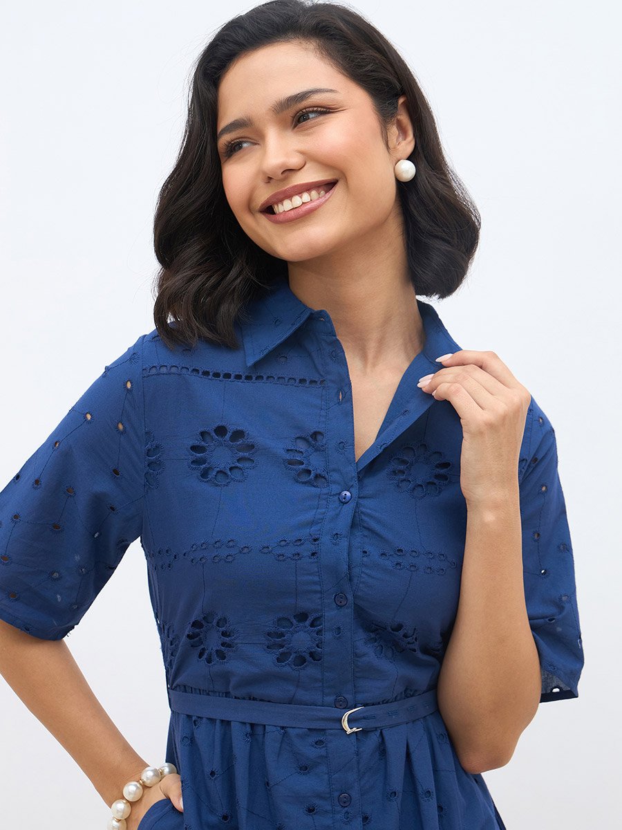 Blue Schiffli Shirt Collar Mini Dress