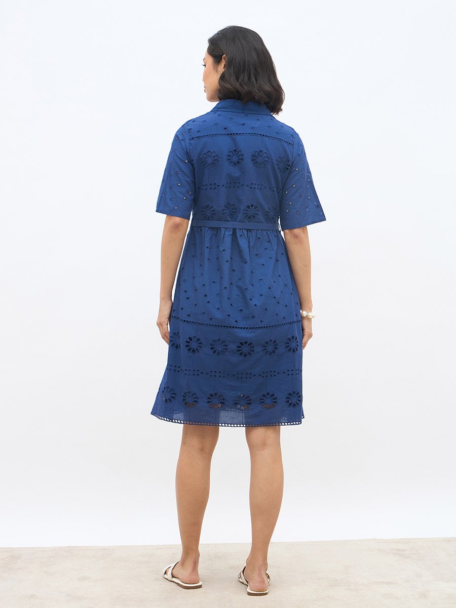 Blue Schiffli Shirt Collar Mini Dress