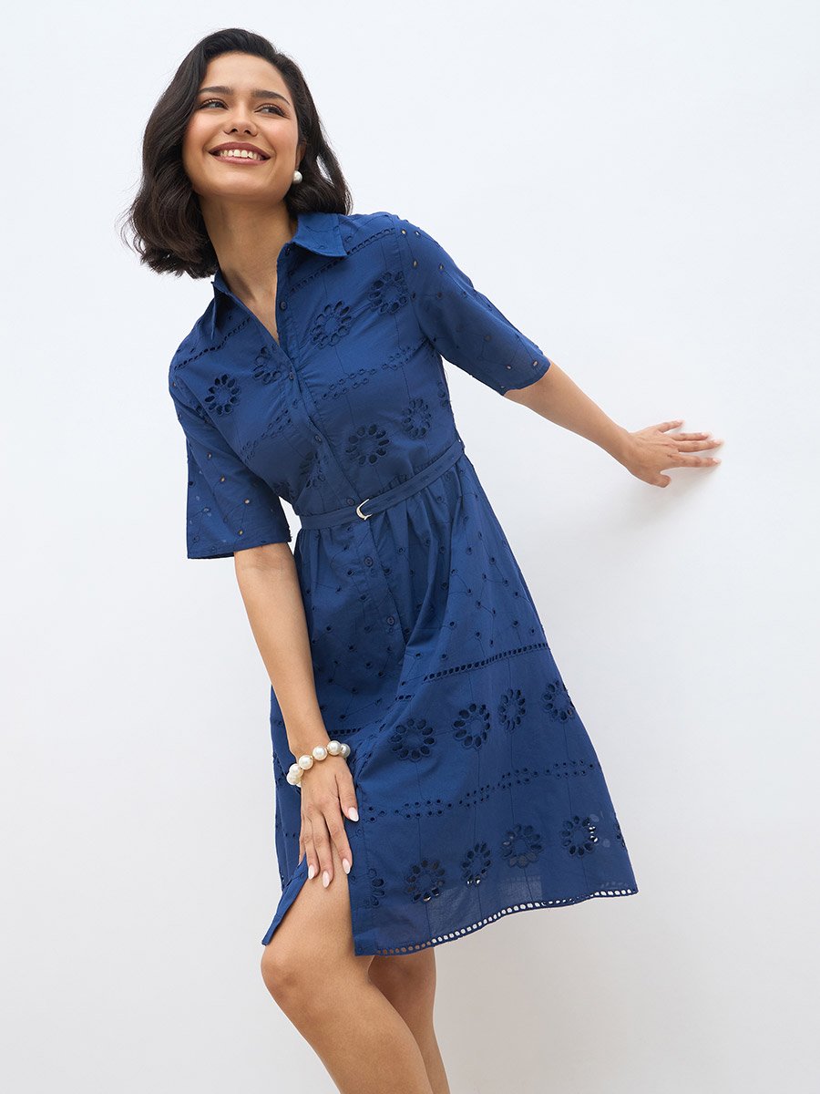 Blue Schiffli Shirt Collar Mini Dress