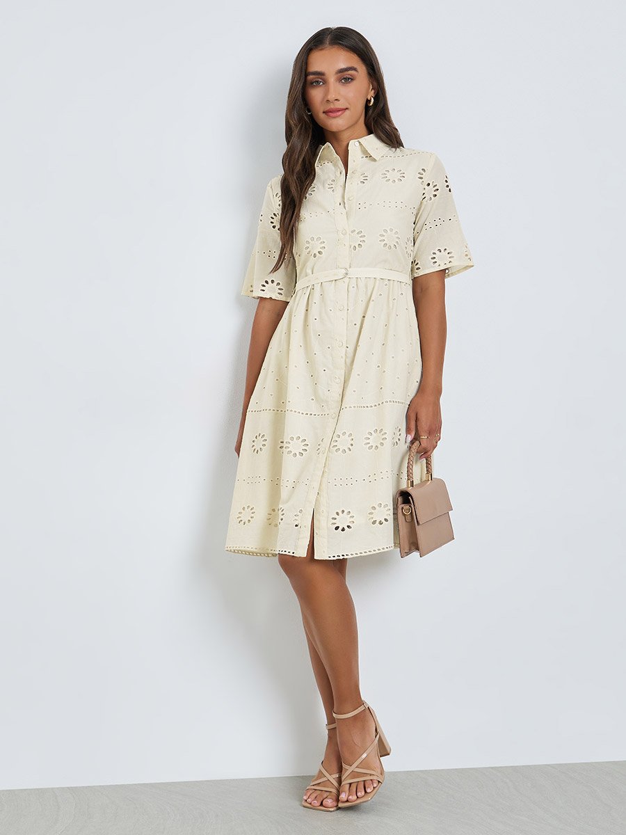 Off White Schiffli Shirt Collar Mini Dress