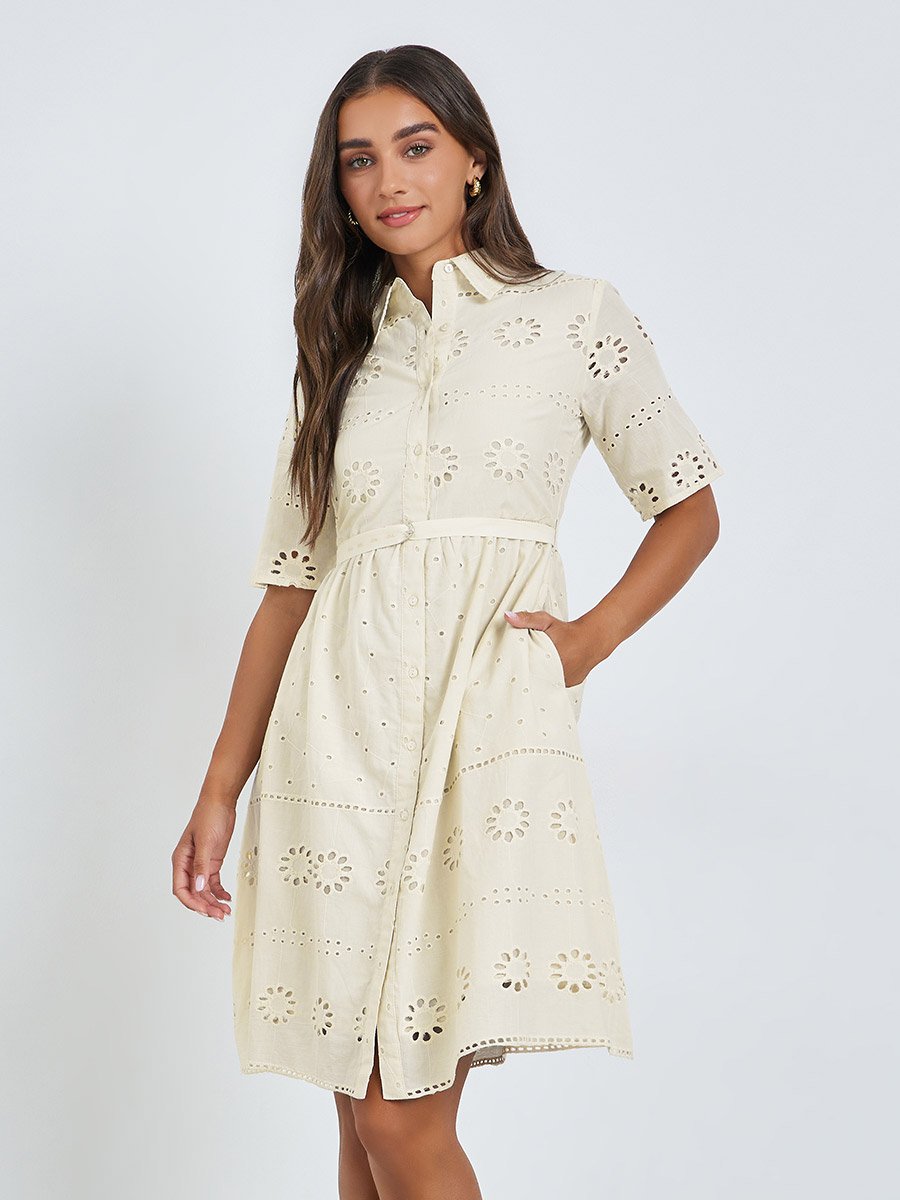 Off White Schiffli Shirt Collar Mini Dress