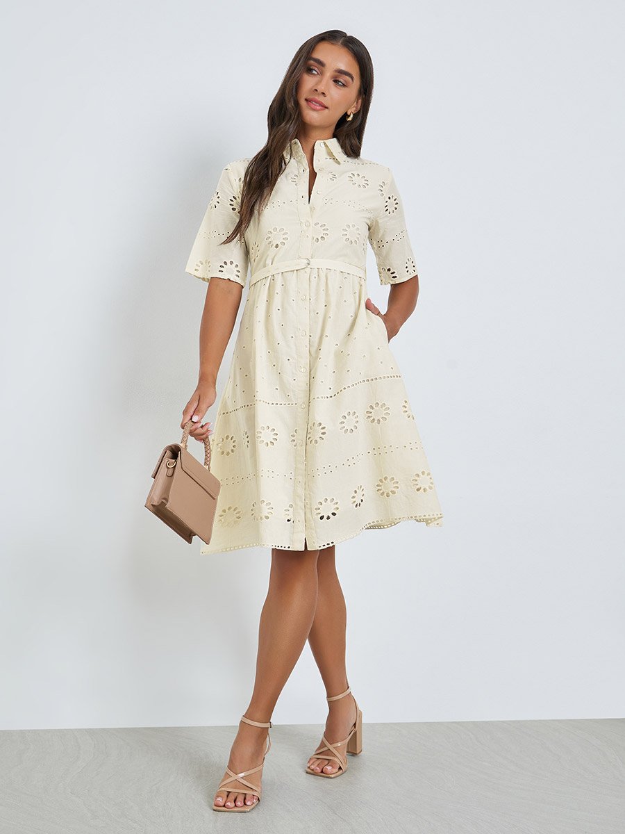 Off White Schiffli Shirt Collar Mini Dress