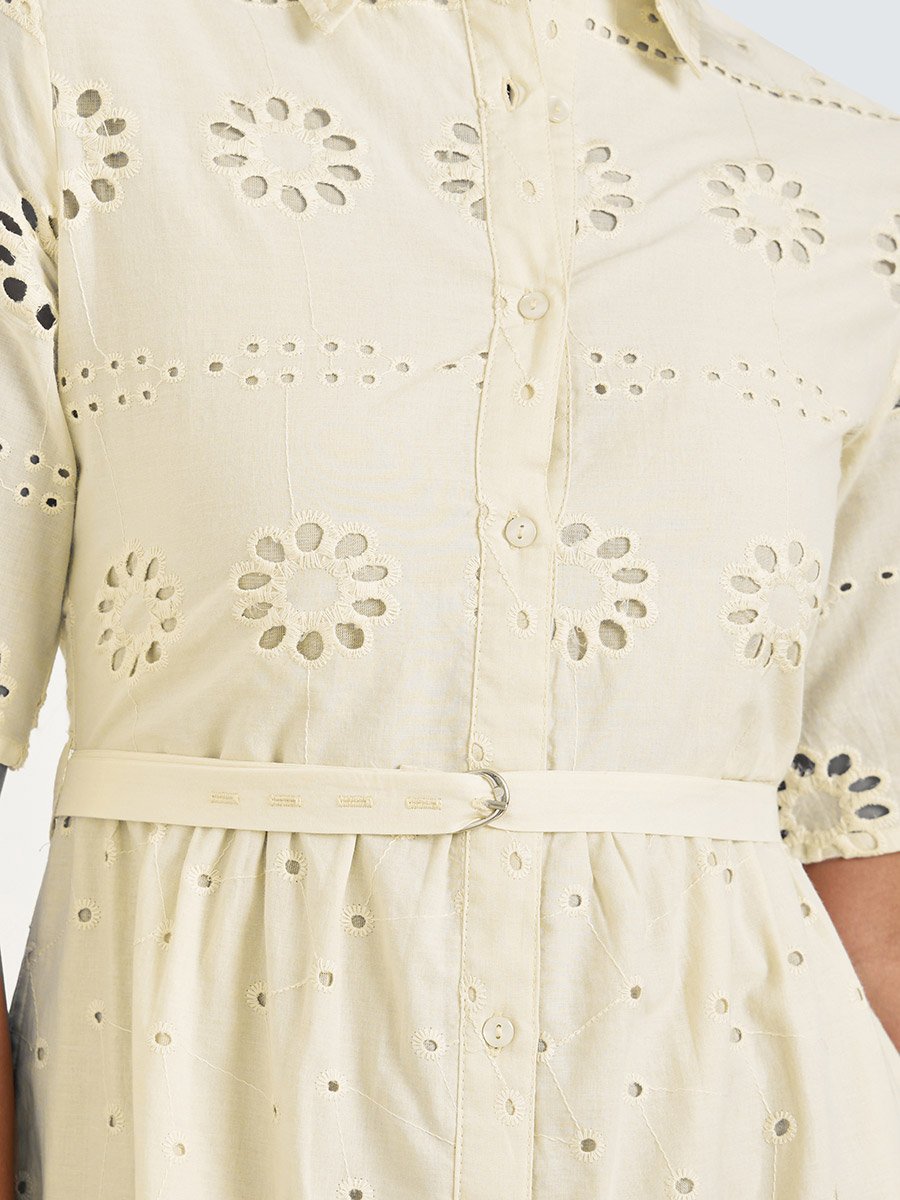 Off White Schiffli Shirt Collar Mini Dress