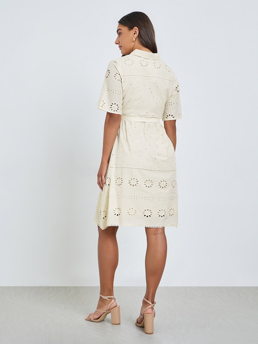Off White Schiffli Shirt Collar Mini Dress