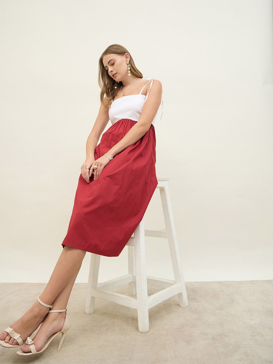 Color Block Strappy A-Line Midi Dress