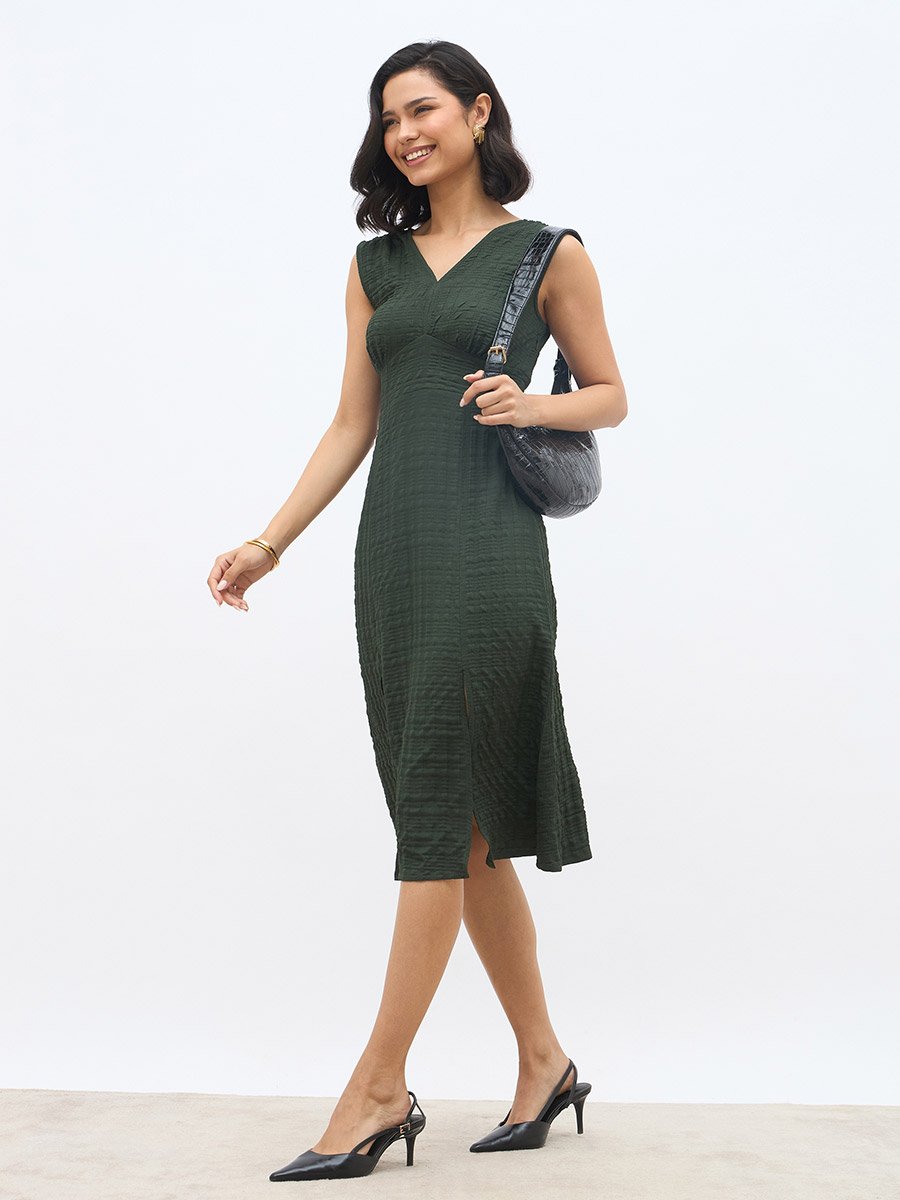 Women Self Design V Neck A-Line Midi Dress with Slit Detail