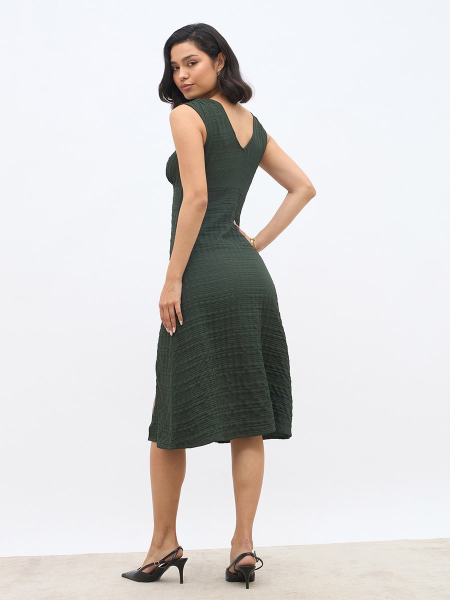 Women Self Design V Neck A-Line Midi Dress with Slit Detail