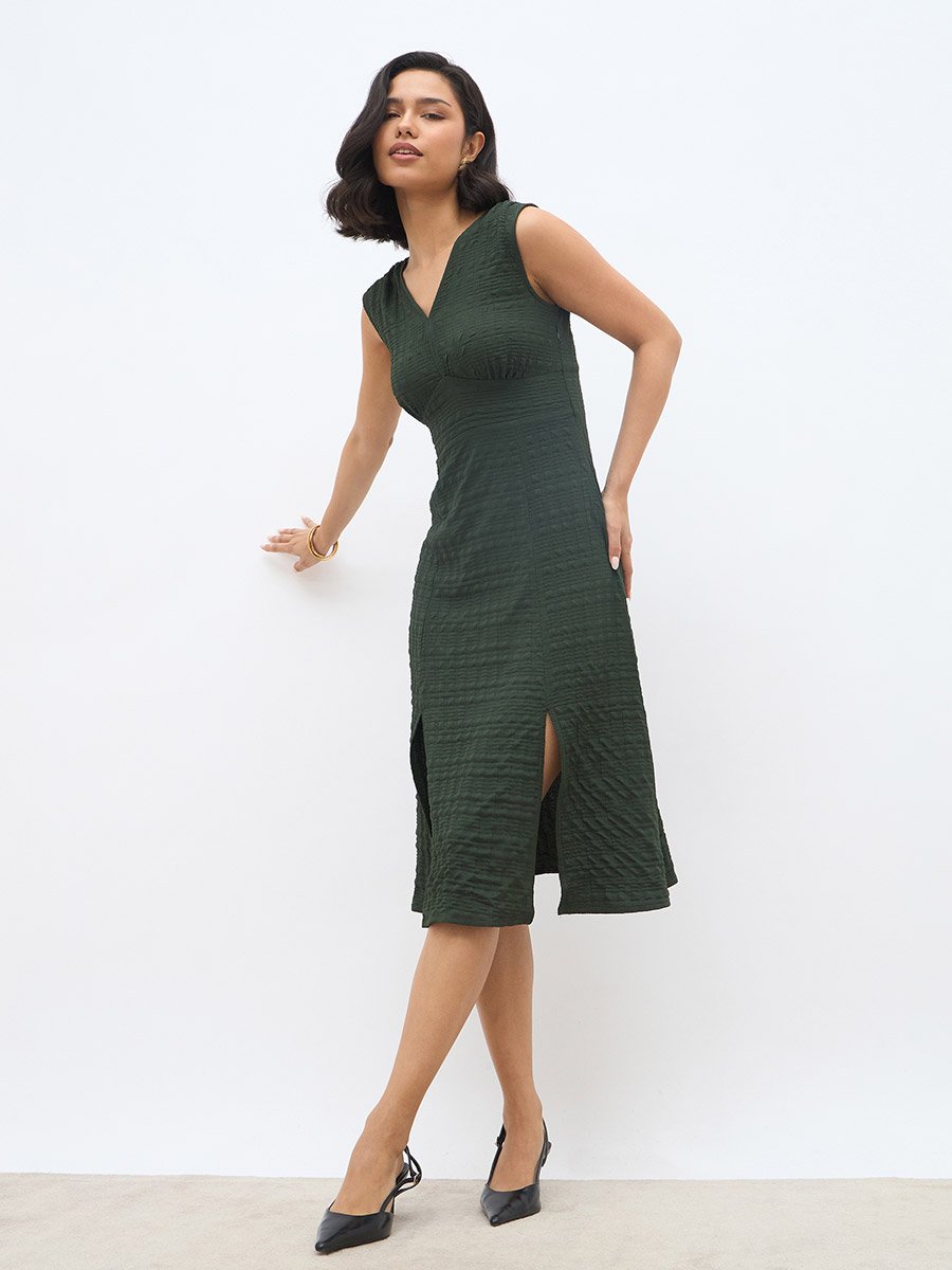 Women Self Design V Neck A-Line Midi Dress with Slit Detail