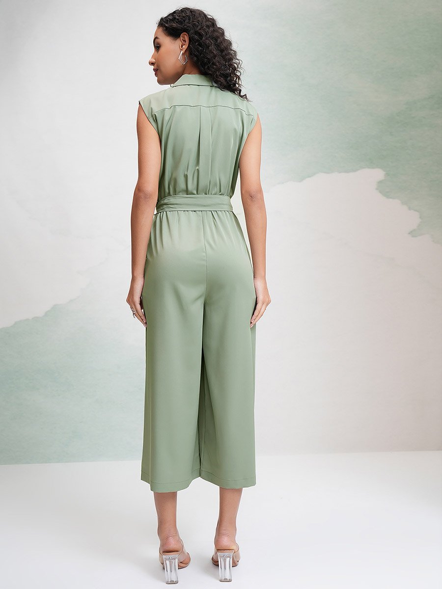 Solid Waist Tie Up Culotte Leg Jumpsuit