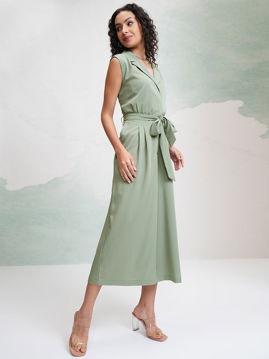 Solid Waist Tie Up Culotte Leg Jumpsuit