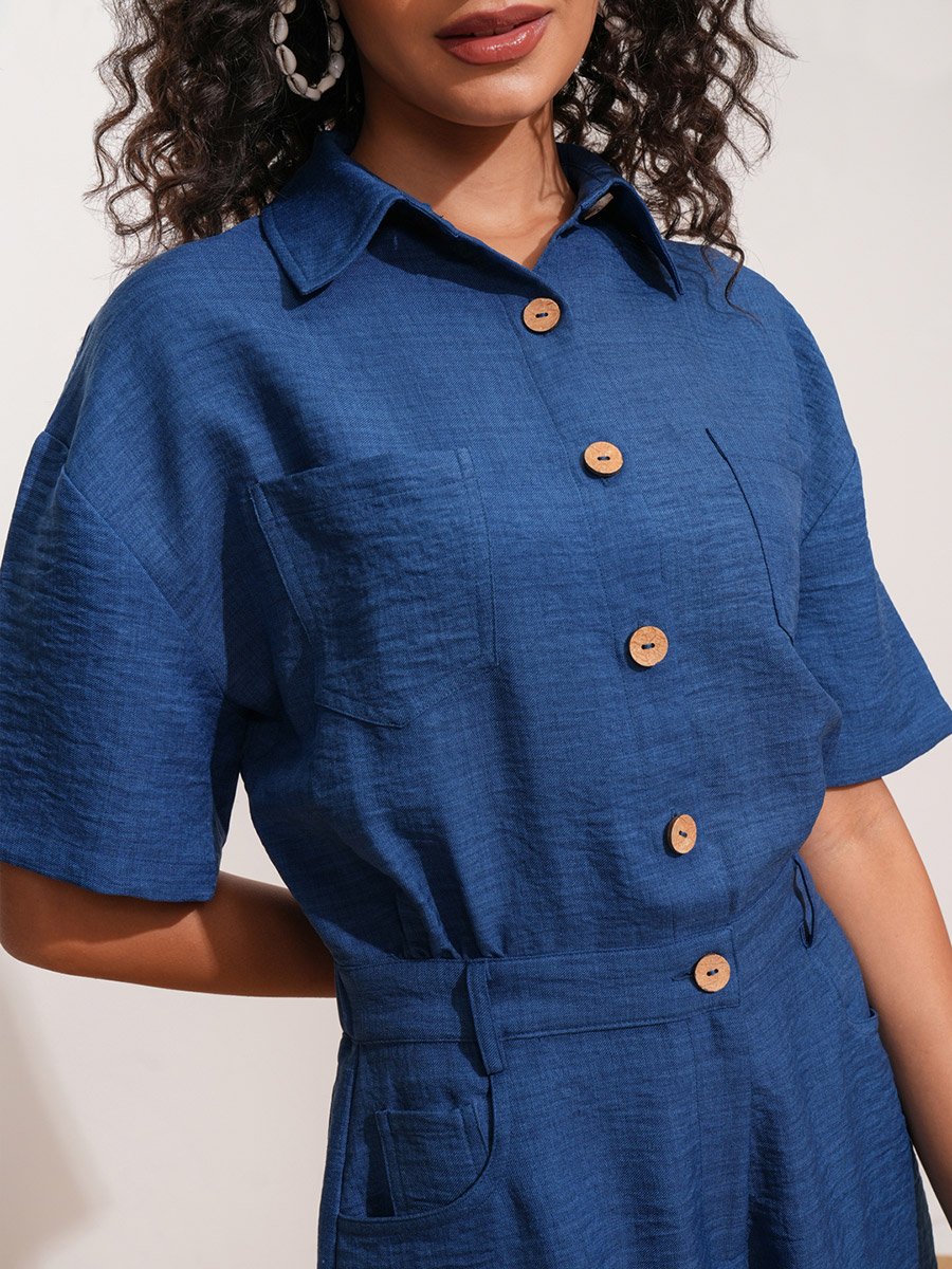 Textured Collared Jumpsuit with Button Detail