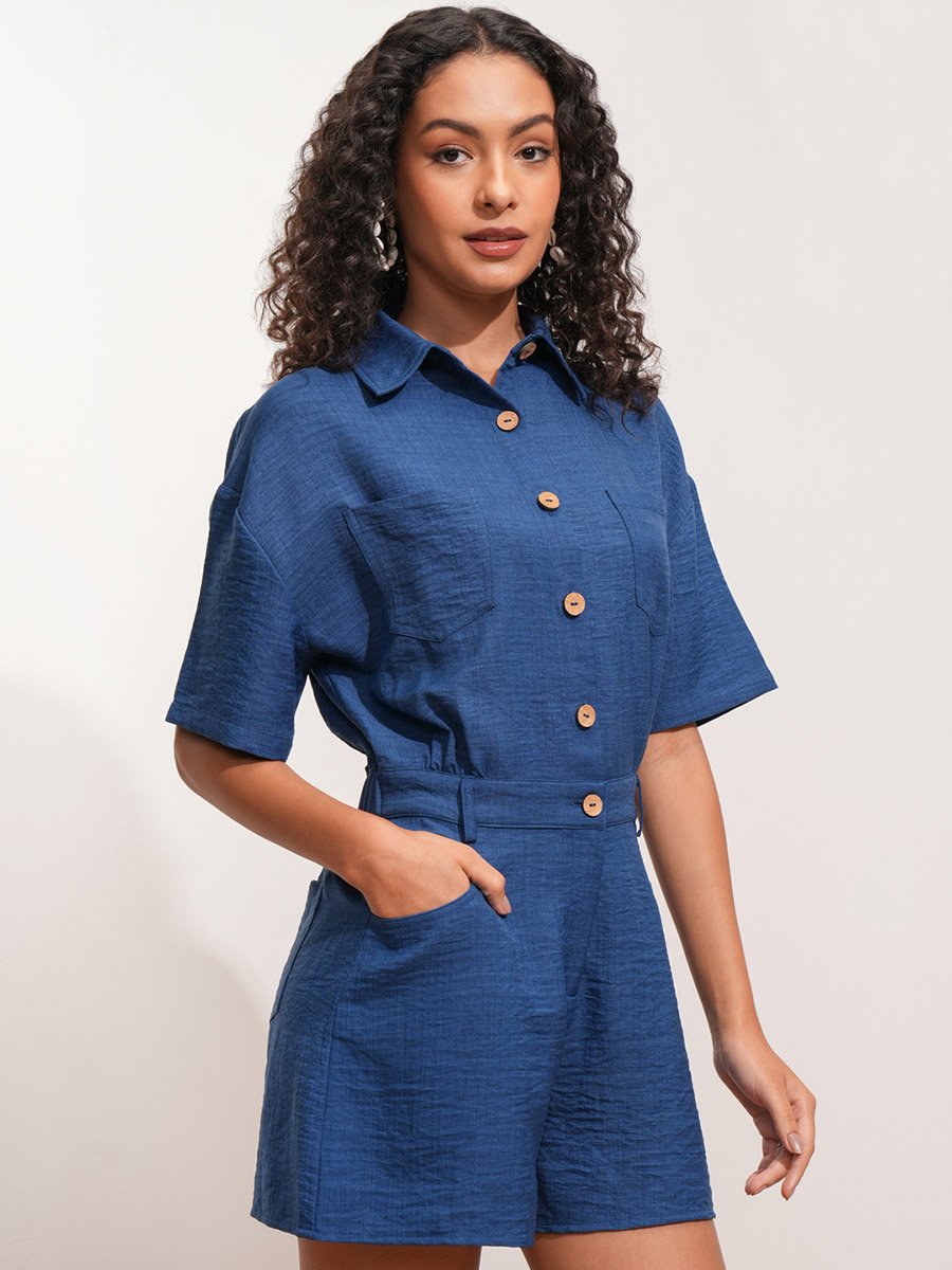 Textured Collared Jumpsuit with Button Detail