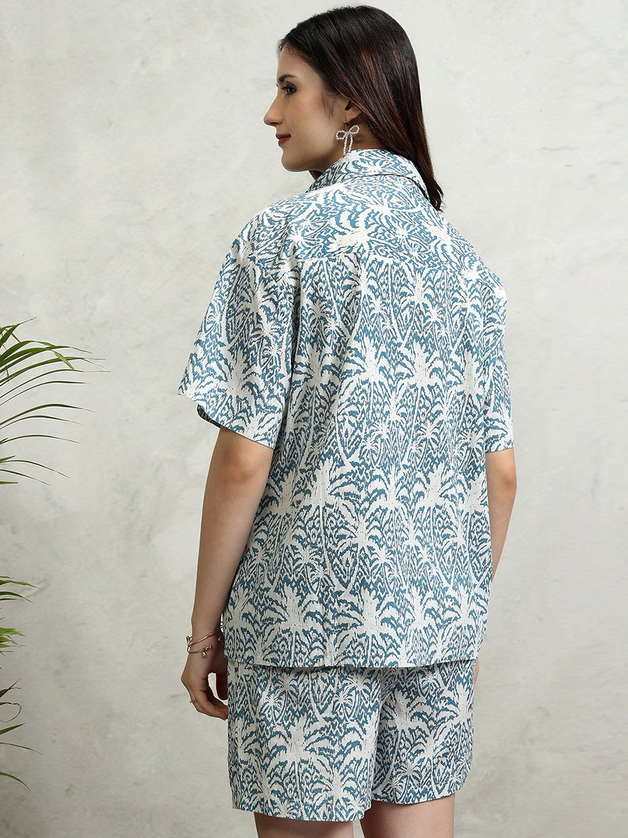 All-Over Floral Print Collared Cotton Shirt and Mid Rise Shorts Co-Ords
