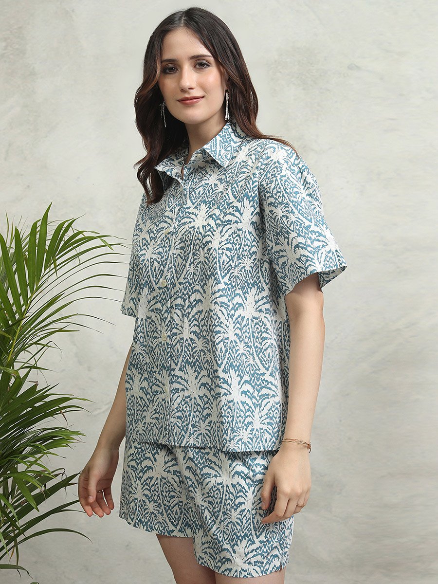 All-Over Floral Print Collared Cotton Shirt and Mid Rise Shorts Co-Ords