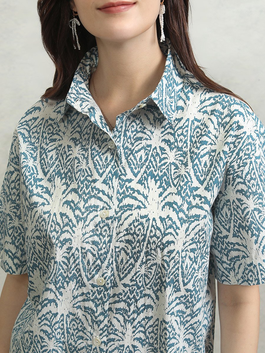 All-Over Floral Print Collared Cotton Shirt and Mid Rise Shorts Co-Ords