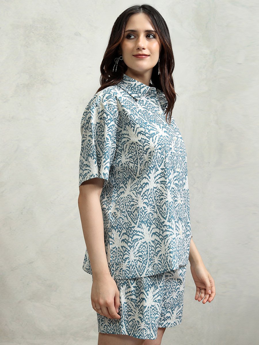 All-Over Floral Print Collared Cotton Shirt and Mid Rise Shorts Co-Ords