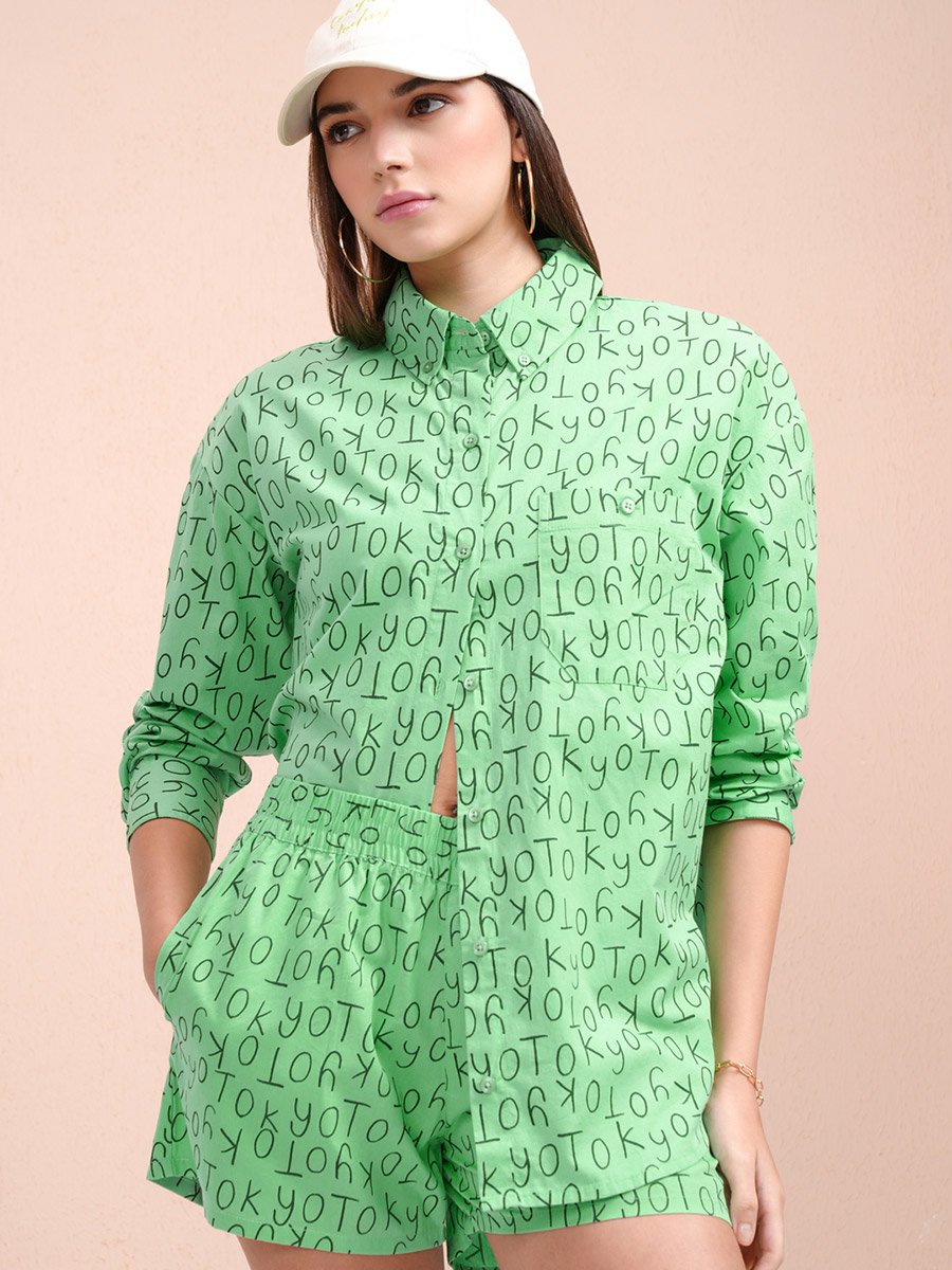 All-Over Print Collared Shirt with Mid Rise Shorts Co-Ords