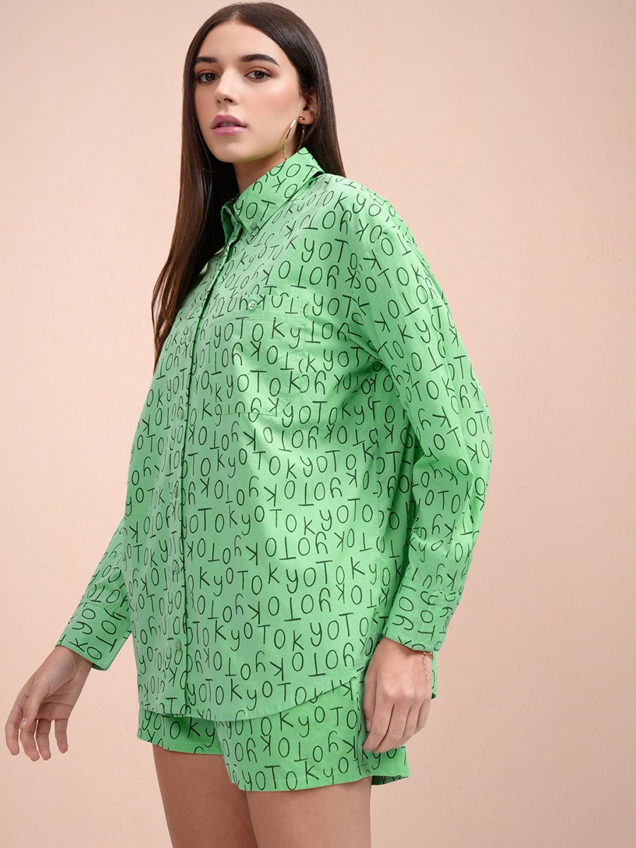 All-Over Print Collared Shirt with Mid Rise Shorts Co-Ords