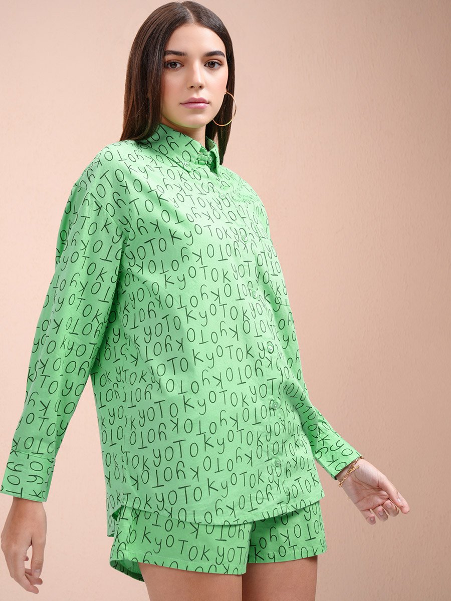 All-Over Print Collared Shirt with Mid Rise Shorts Co-Ords