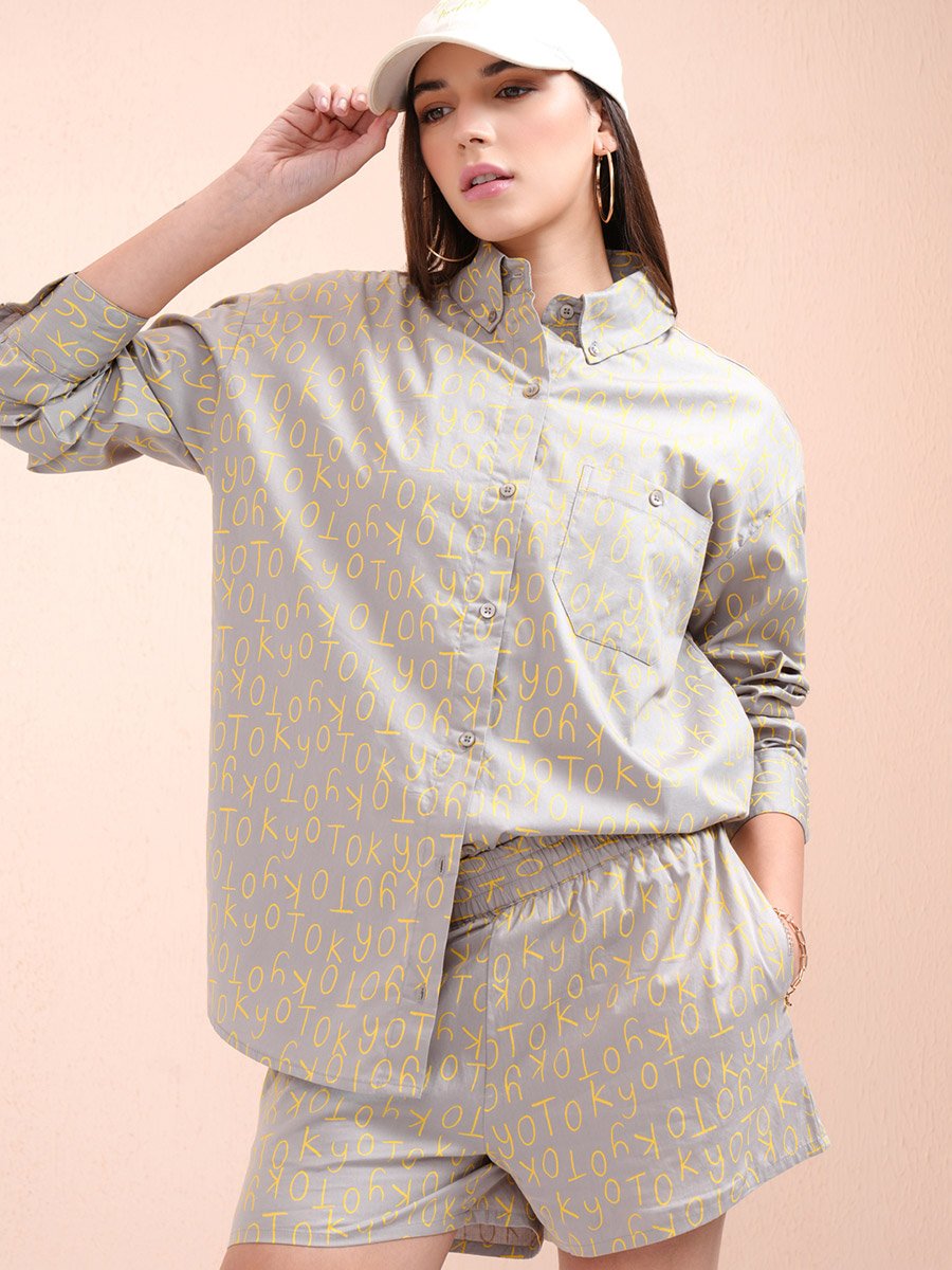 All-Over Print Collared Shirt with Mid Rise Shorts Co-Ords