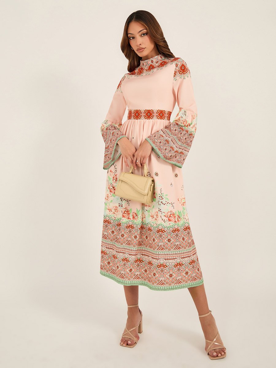 All-Over Floral Print High Neck Midi Dress