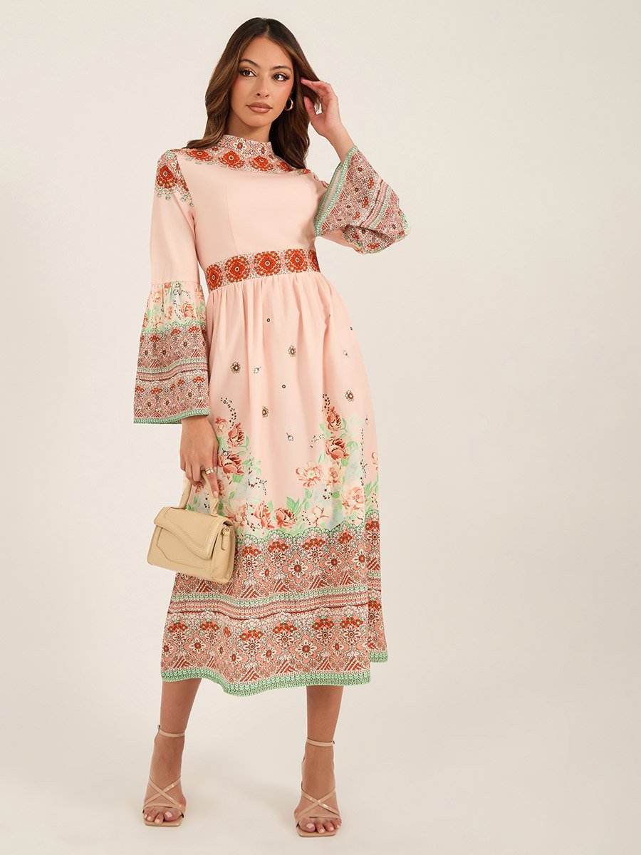 All-Over Floral Print High Neck Midi Dress