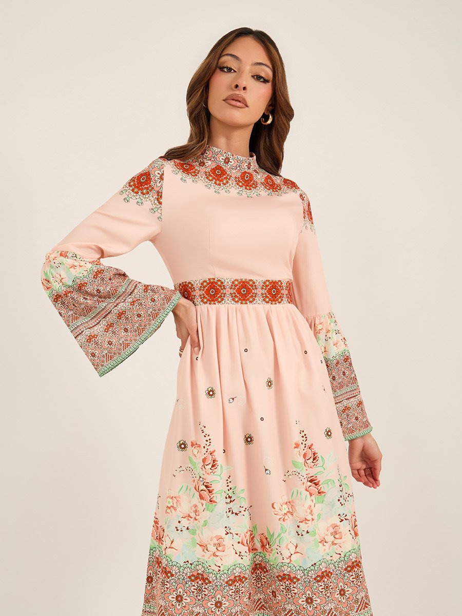 All-Over Floral Print High Neck Midi Dress