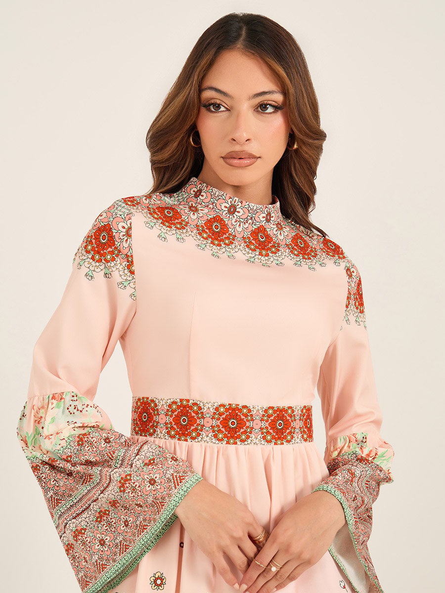 All-Over Floral Print High Neck Midi Dress