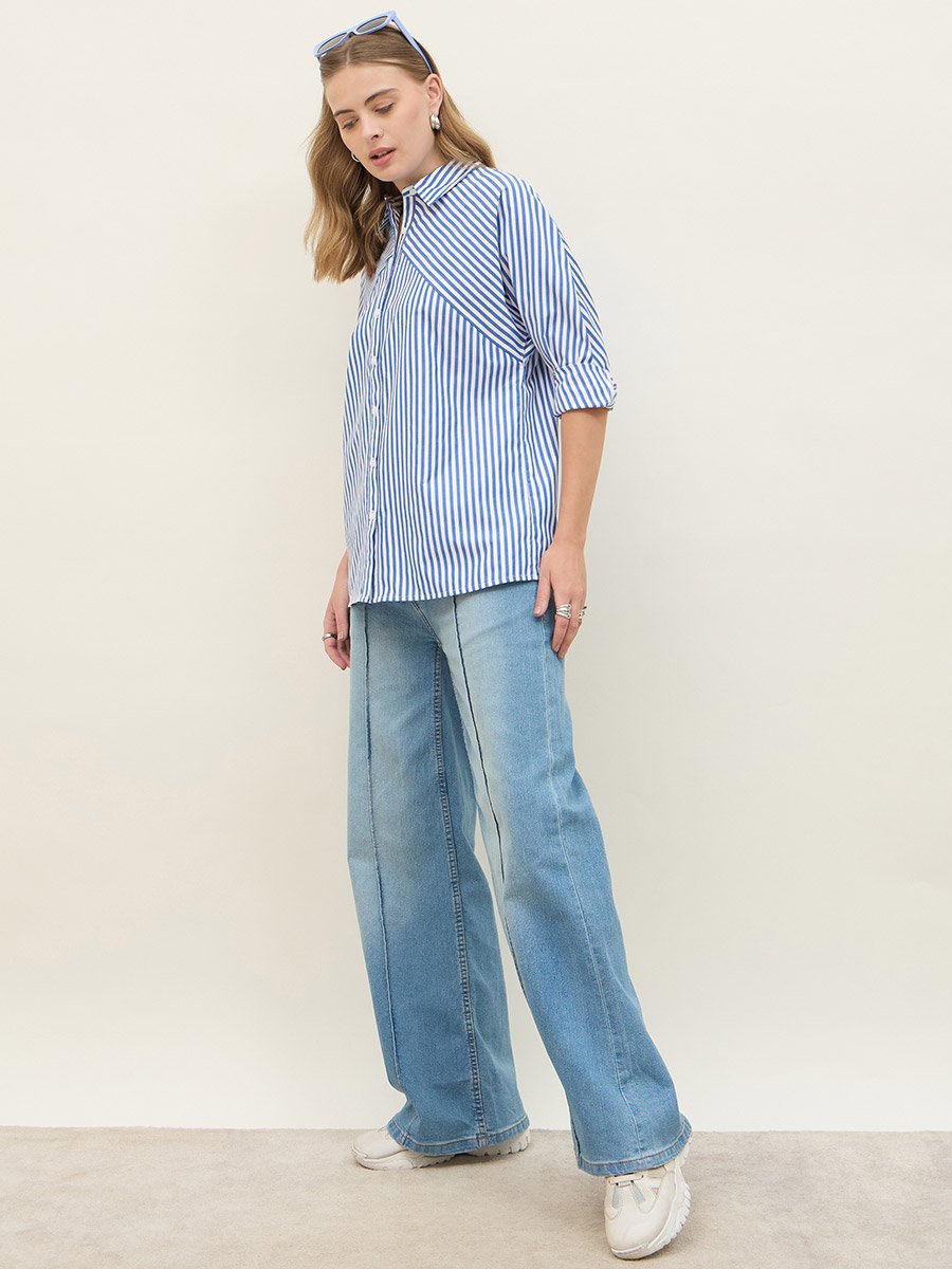 Women Blue Striped Long Sleeve Shirt