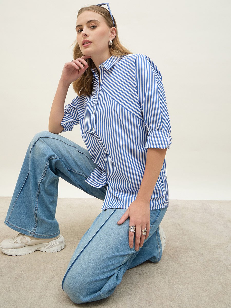 Women Blue Striped Long Sleeve Shirt